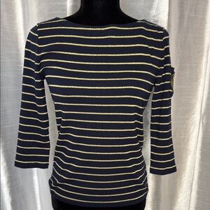 Lauren Ralph Lauren Women’s P/S Navy Shimmer Gold Striped Crest 3/4 Sleeve Top